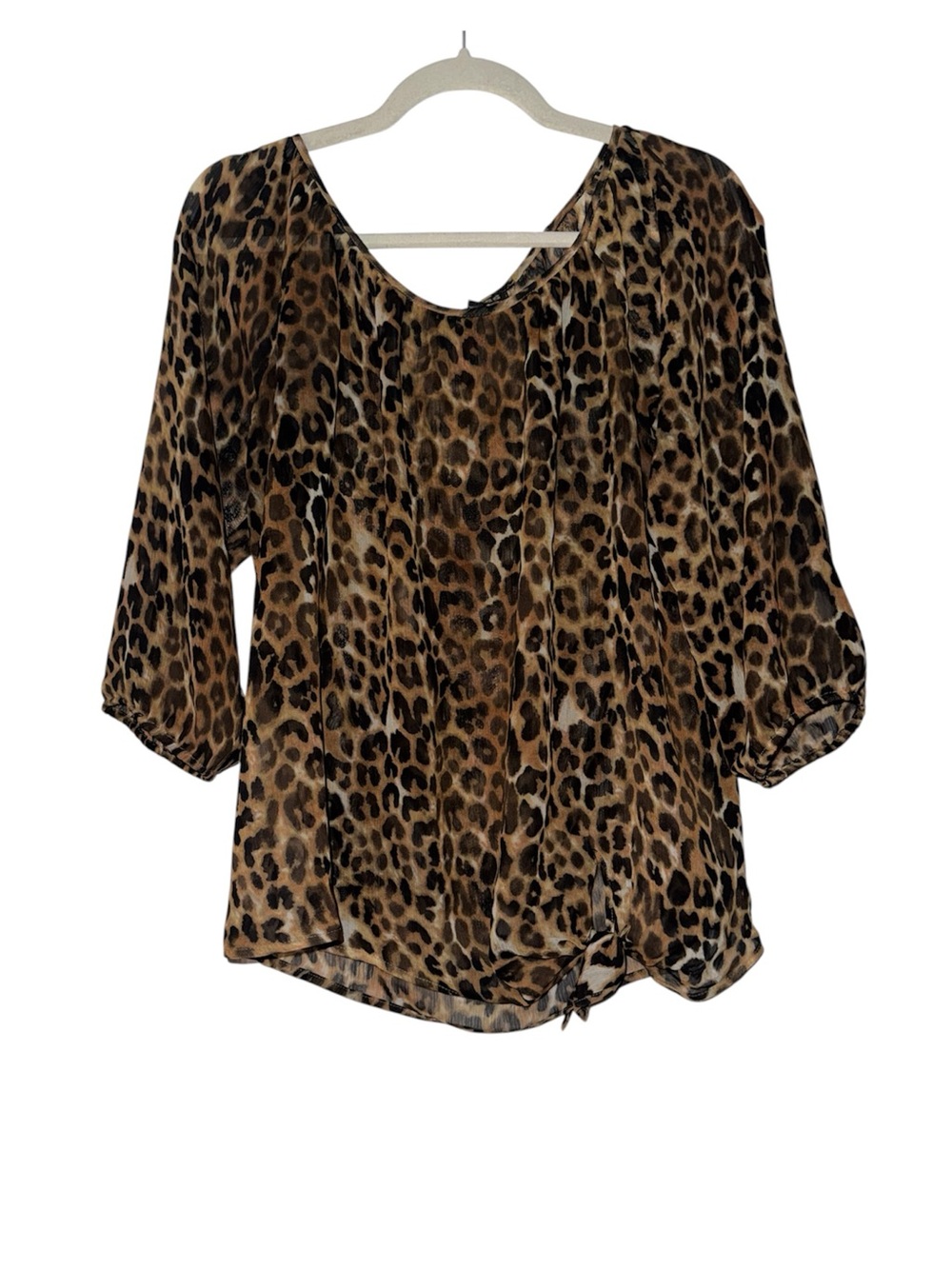 Express Leopard Print Sheer Blouse, 3/4 Sleeves - Brown/Black